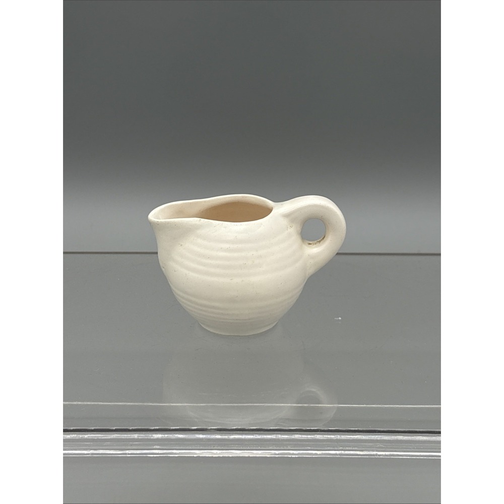 Vintage Miniature Pottery Pitcher Ivory White Ribbed Design Unmarked 1.75"‎ tall